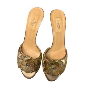 Valentino Gold Floral Sequin Embellished Slide Sandals | Paillettes Slides Gold